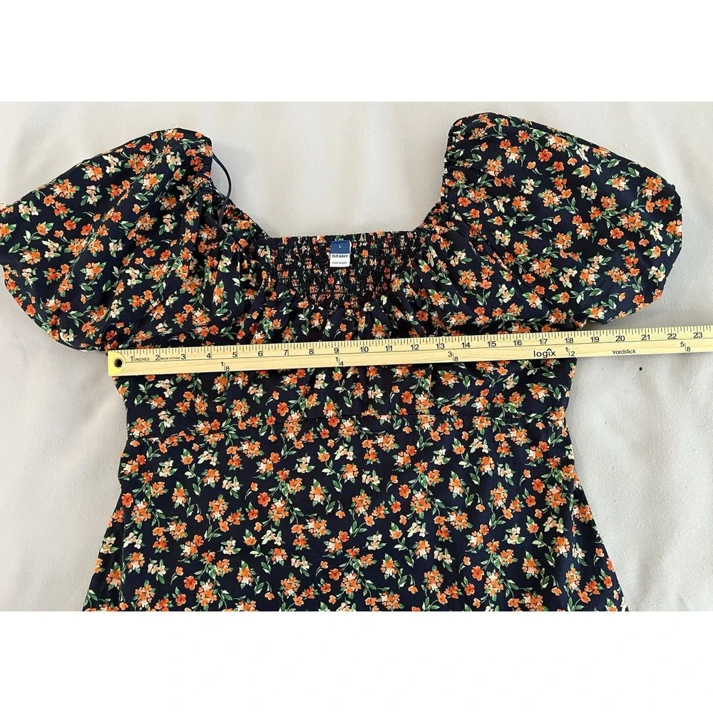 Old Navy Floral Puff Sleeve Blouse Womens Sz Large Heart‎ Neck Multicolor